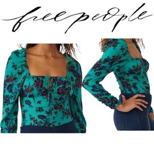 NWT Free People Hilary Green Floral Top square neck bust Long sleeve